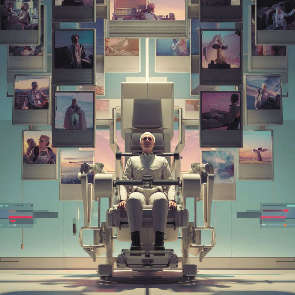 Digital illustration of a human brain rewriting fragmented memory scenes