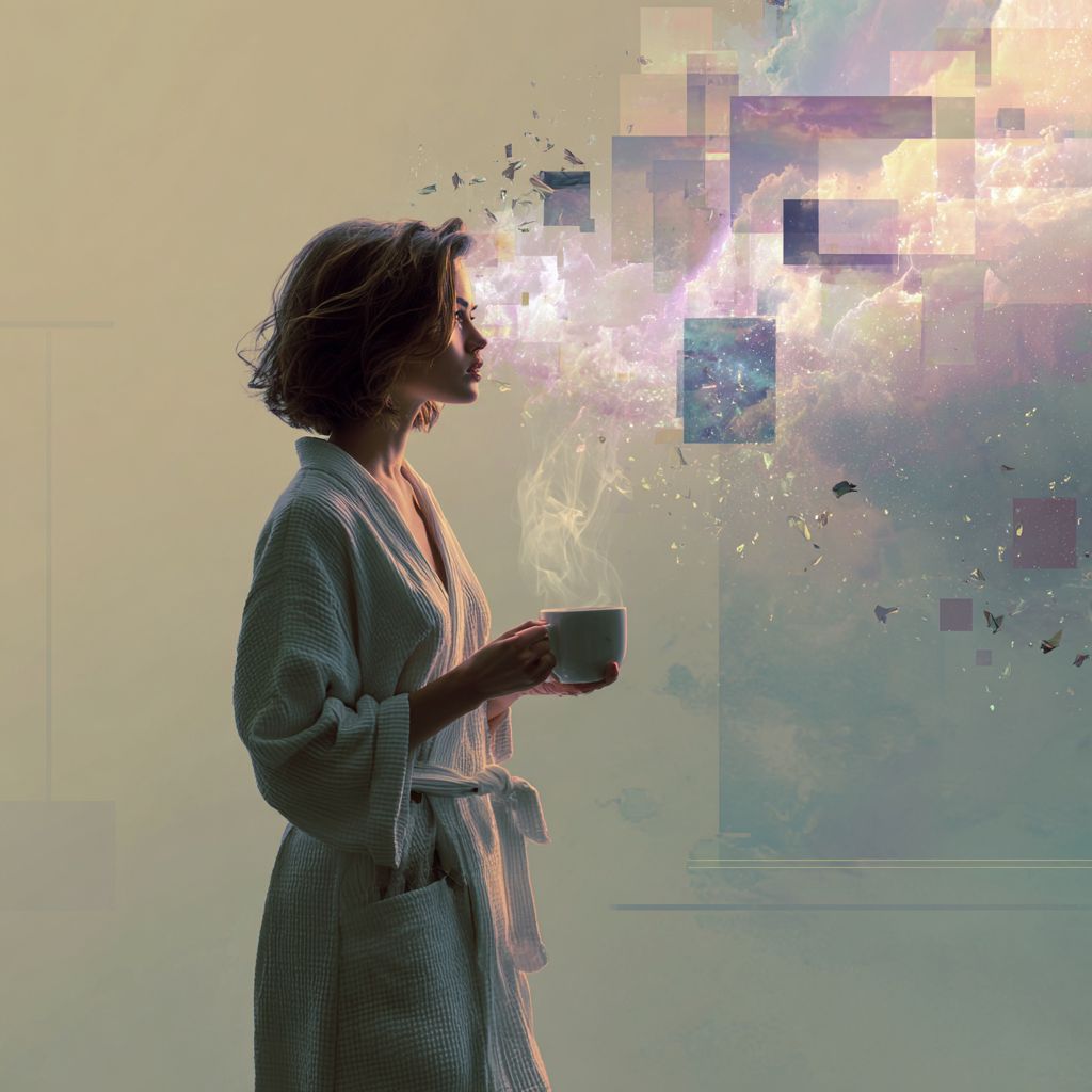 Digital illustration of a human head dissolving dream scenes as they fade upon waking