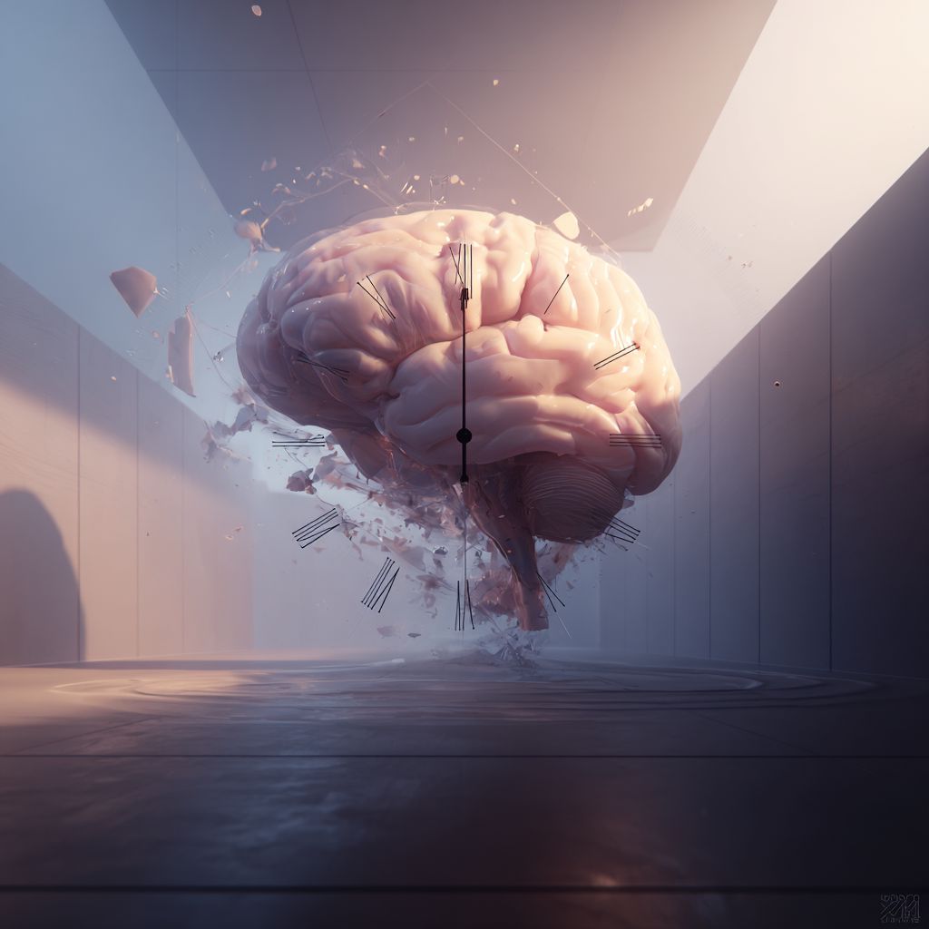 Digital illustration of a human brain and clock melting into each other to represent subjective time perception