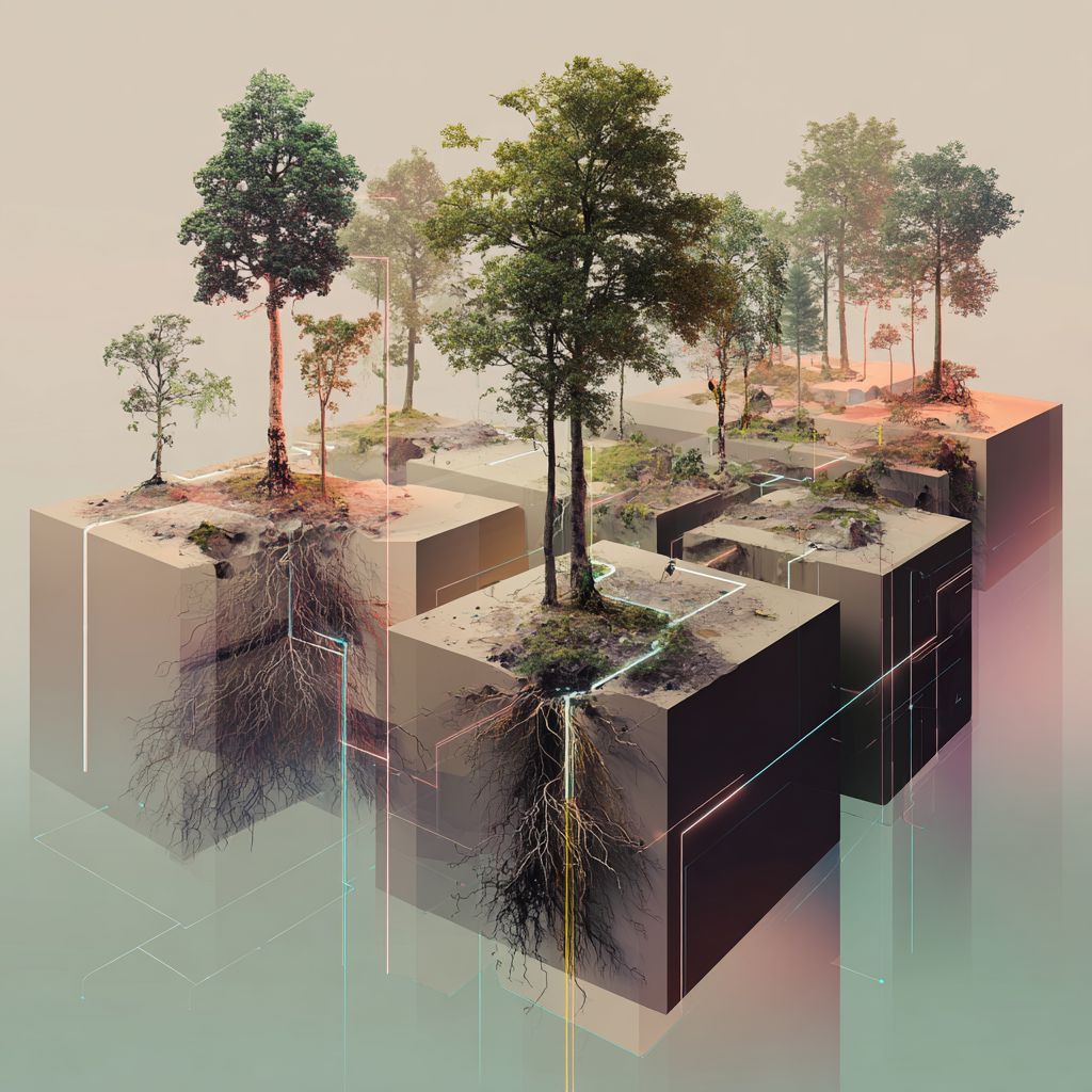 Digital illustration of interconnected tree roots exchanging signals through fungal networks underground