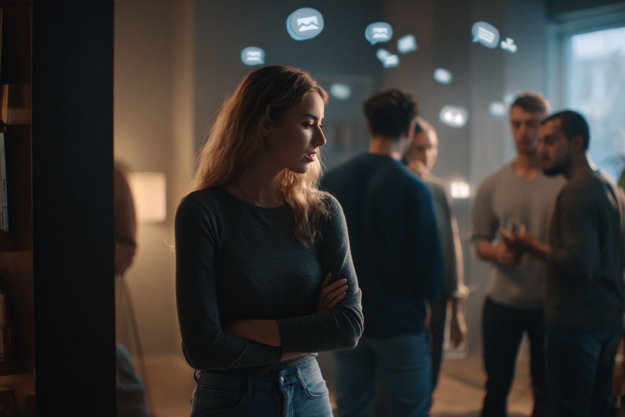 Digital illustration of a person being ignored by a group while digital notification symbols float around