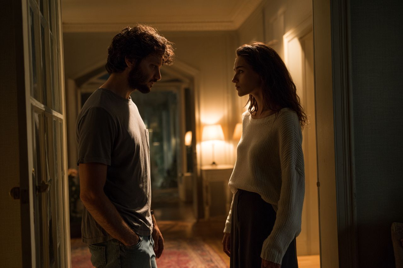 Digital illustration of two people sitting in silence with subtle social tension and thought bubbles