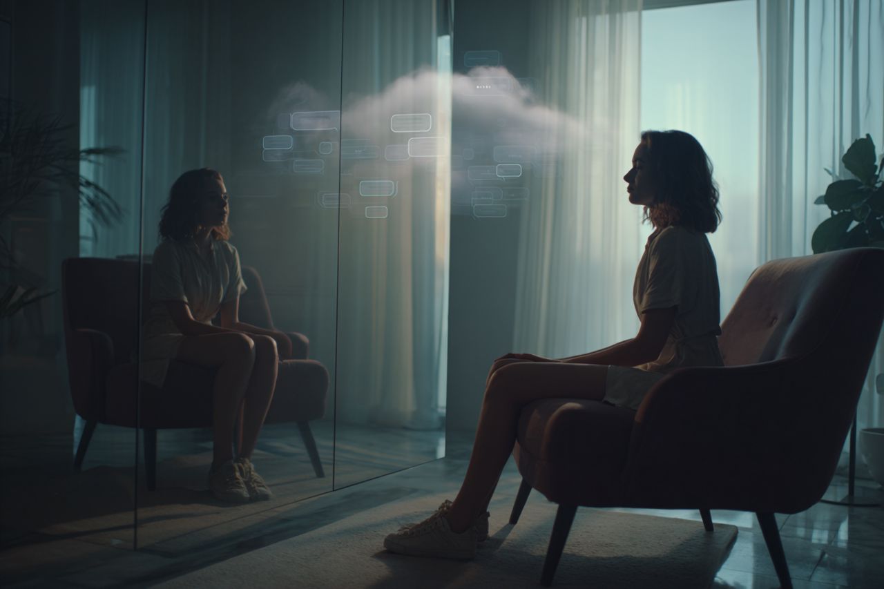 Digital illustration of a human brain with internal dialogue represented as overlapping speech bubbles