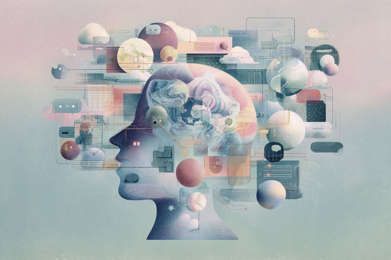 Digital illustration of a human mind simulating imaginary conversations with overlapping thought bubbles