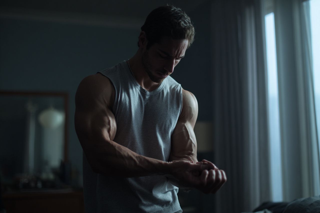 Cinematic documentary shot of a real human subtly shaking after a stressful or adrenaline-inducing moment, soft lighting, film grade