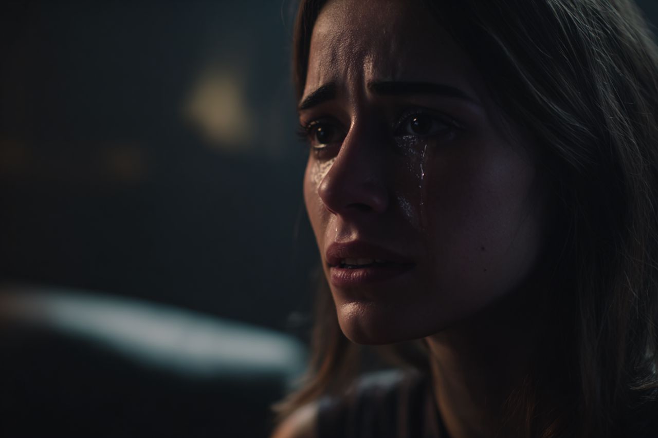 Cinematic documentary shot of a real human subtly crying in a social situation, soft lighting, film grade