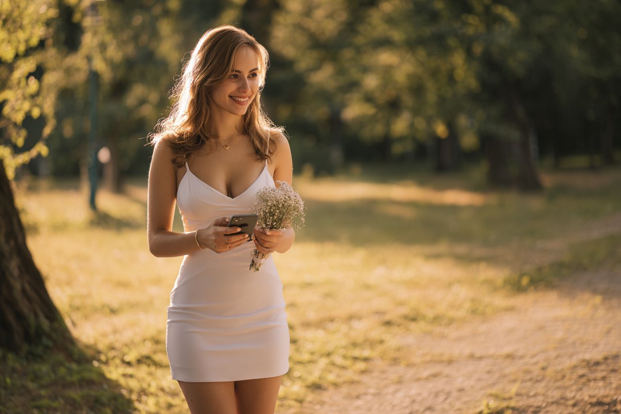 Cinematic documentary shot of a real woman standing a park when she gets message form her boyfriend and he gave here flowers.