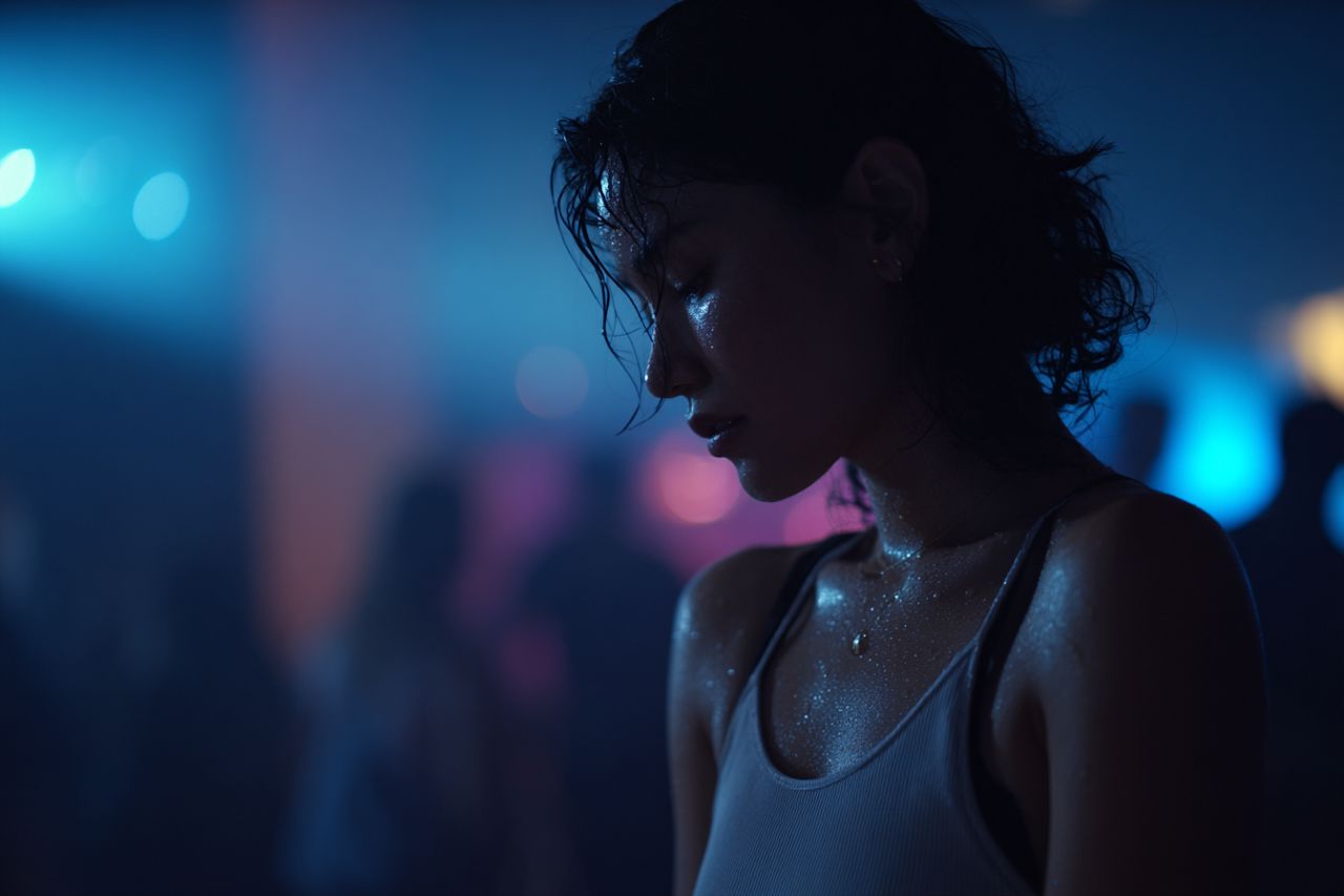 Cinematic documentary shot of a real human sweating subtly during a stressful social situation, soft lighting, film grade