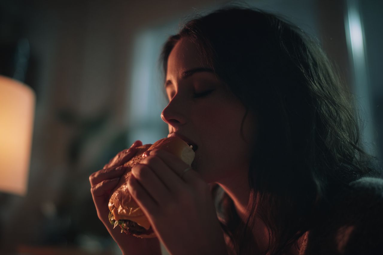 Cinematic documentary shot of a real human eating comfort food during a moment of stress or nostalgia, soft lighting, film grade