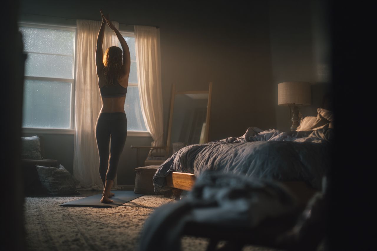 Cinematic documentary shot of a real human stretching after waking up in the morning light, soft lighting, film grade