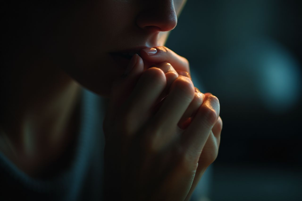 Cinematic documentary shot of a real human subtly biting their nails during a moment of stress or boredom, soft lighting, film grade